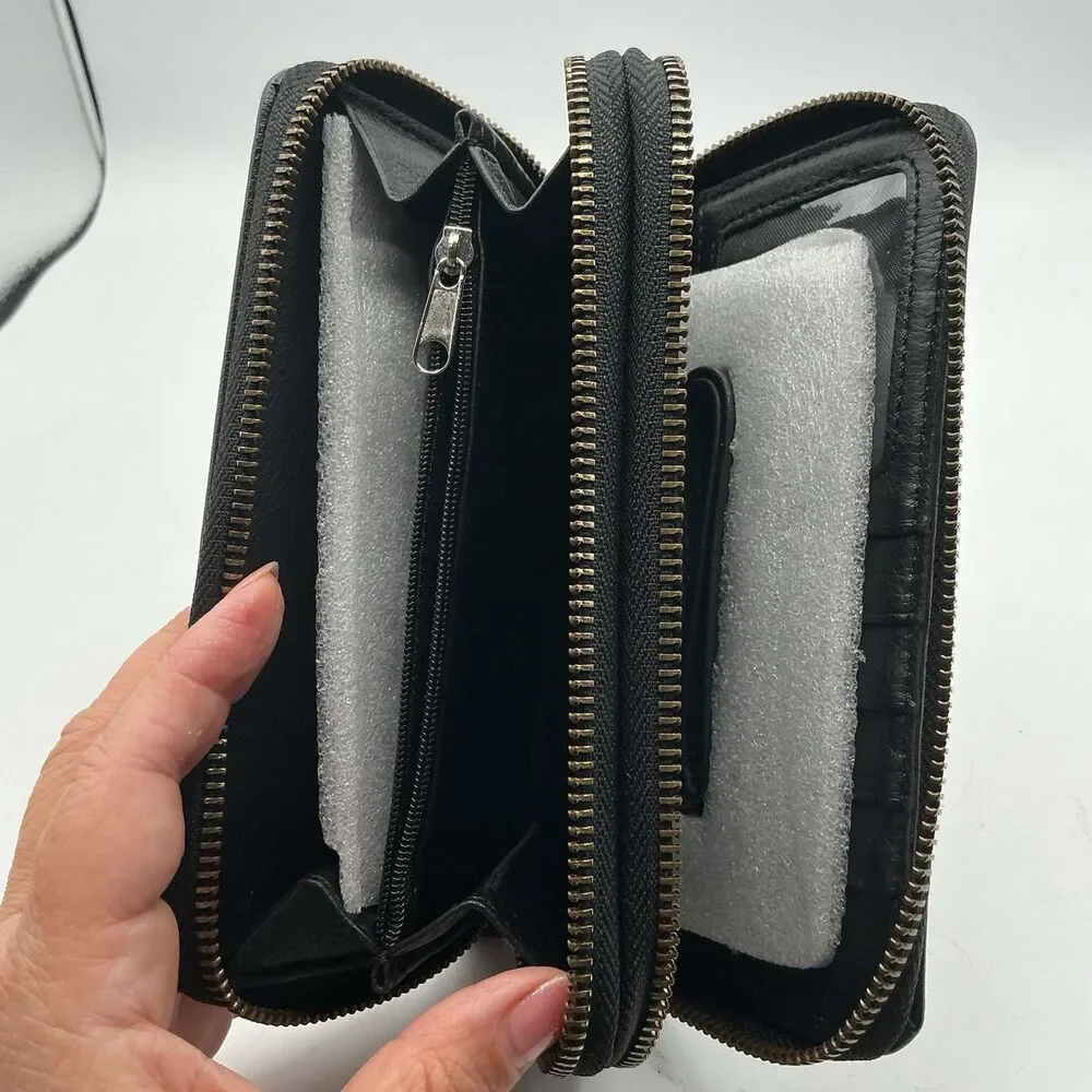 Anuschka Double Zip Faux Leather Floral Organizer Wallet Clutch Black Painted